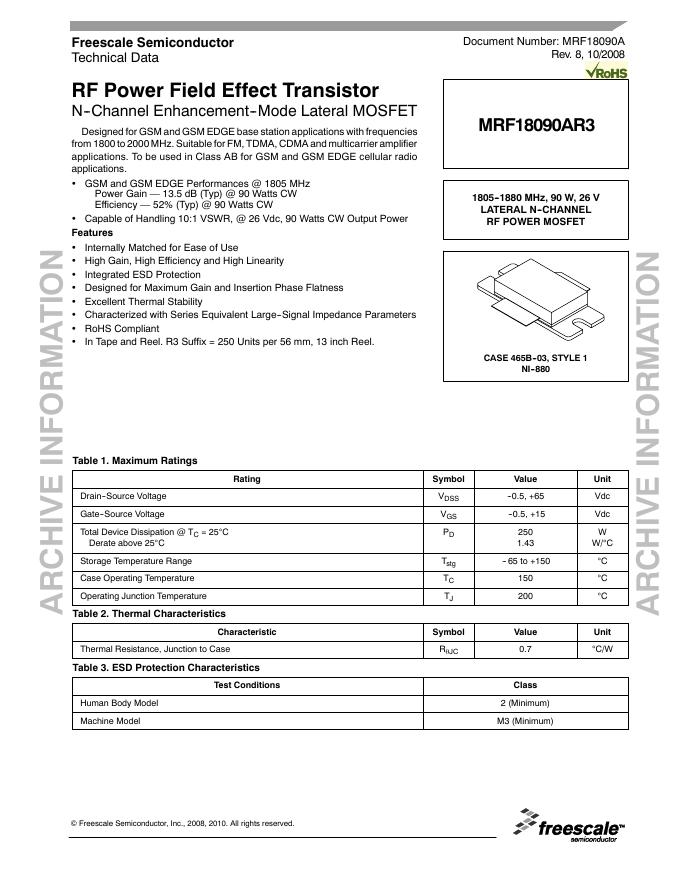 freescale MRF18090<em>AR</em>3 RF Power Field Effect Transistor 说明书