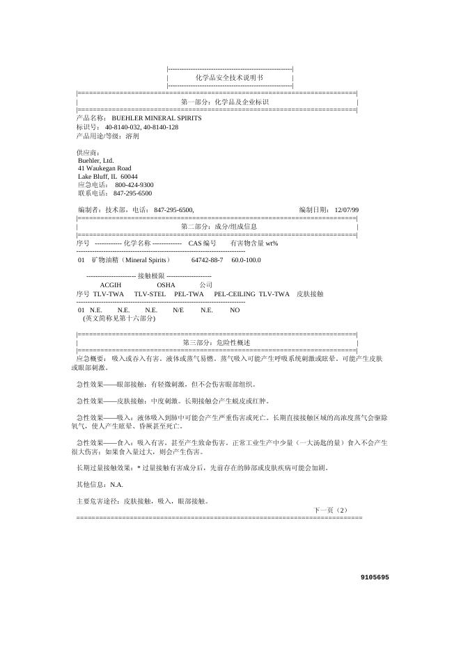BUEHLER MINERAL SPIRITS 化学品安全技术说明书
