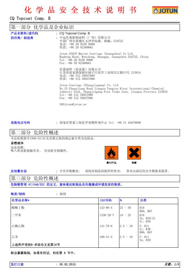 CQ Topcoat Comp. B 化学品安全技术说明书