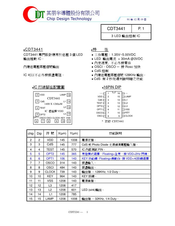 其朋半导体股份有限公司  CDT3441  3LED輸出控制IC 说明书