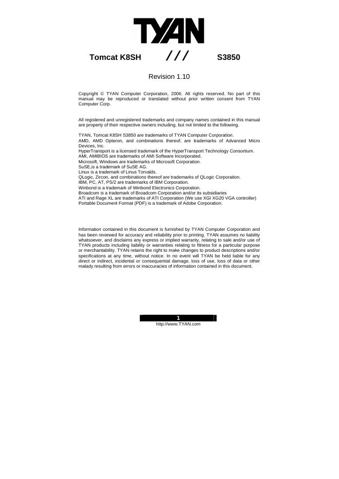 TYAN Tomcat K8SH   S3850  Revision 1.1 说明书