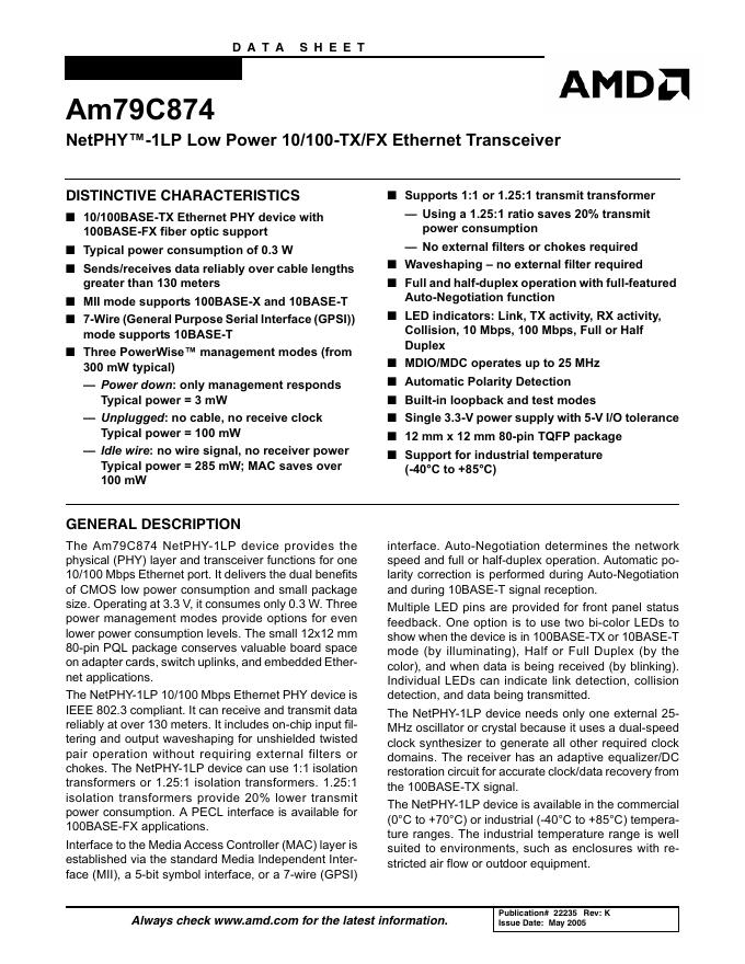 AMD Am79C874 NetPHY -1LP Low Power 10/100-TX/FX Ethernet Transceiver 说明书