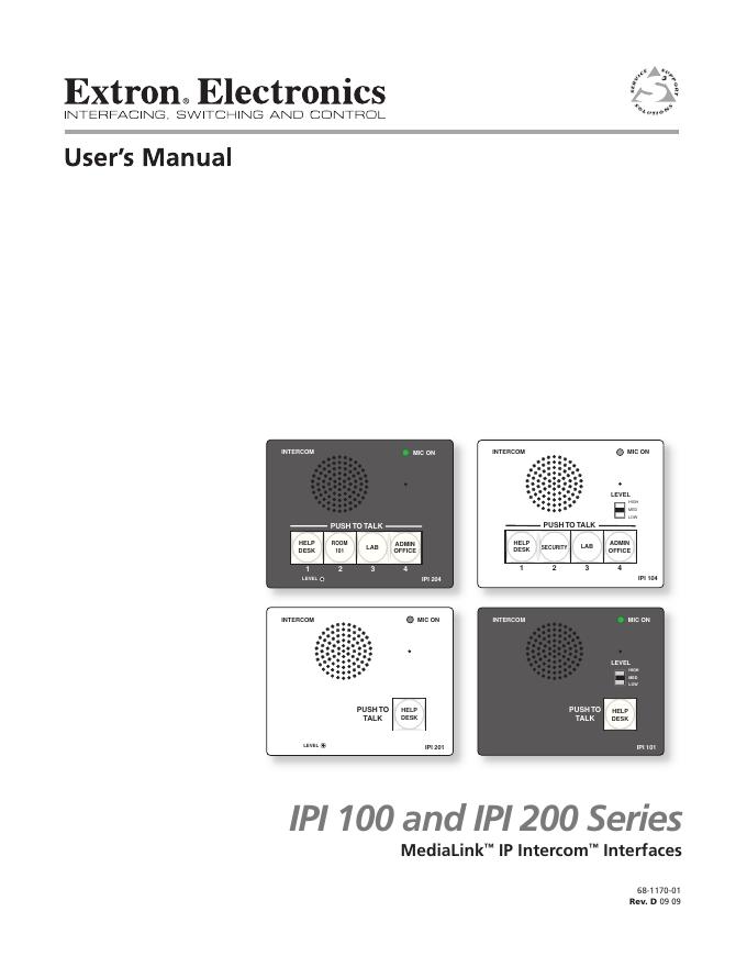 EXtron Electronics IPI 100 and IPI 200 Series MediaLink   IP Intercom   Interfaces 说明书