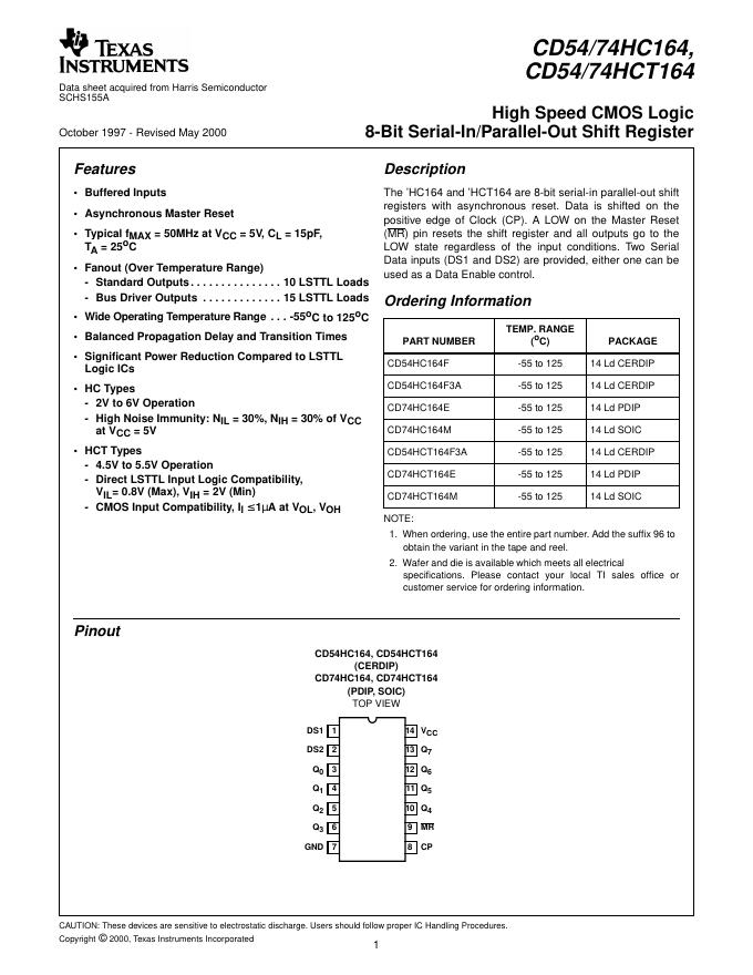 TEXAS INSTRUMENTS  CD54/74HC164, CD54/74HCT164 说明书