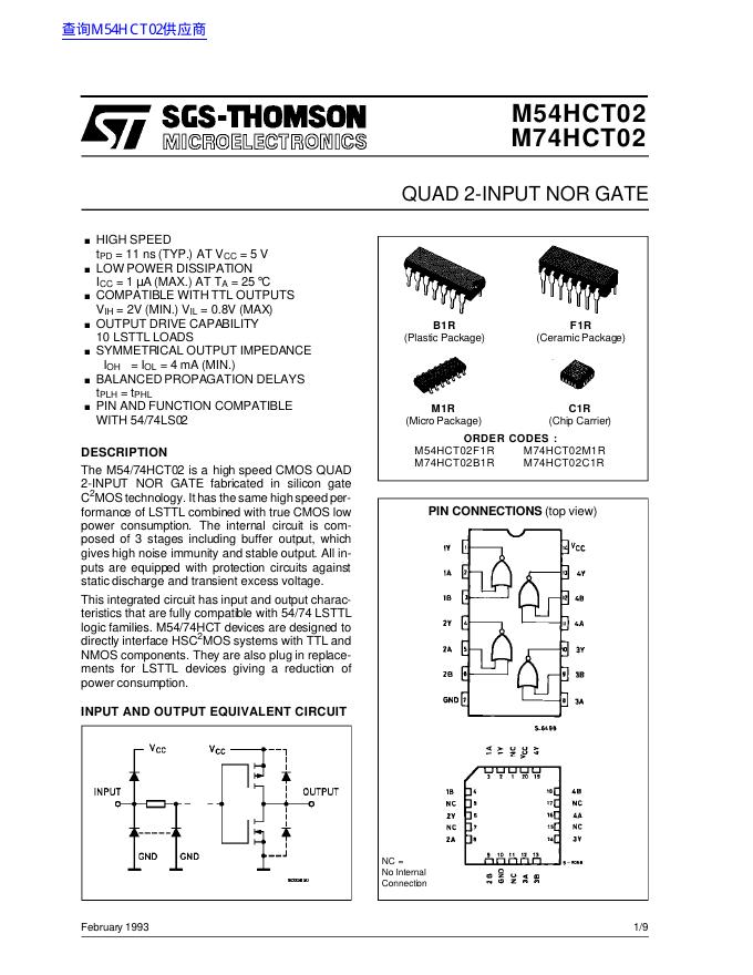SGS-THOMSON  M54HCT02 M74HCT02 说明书