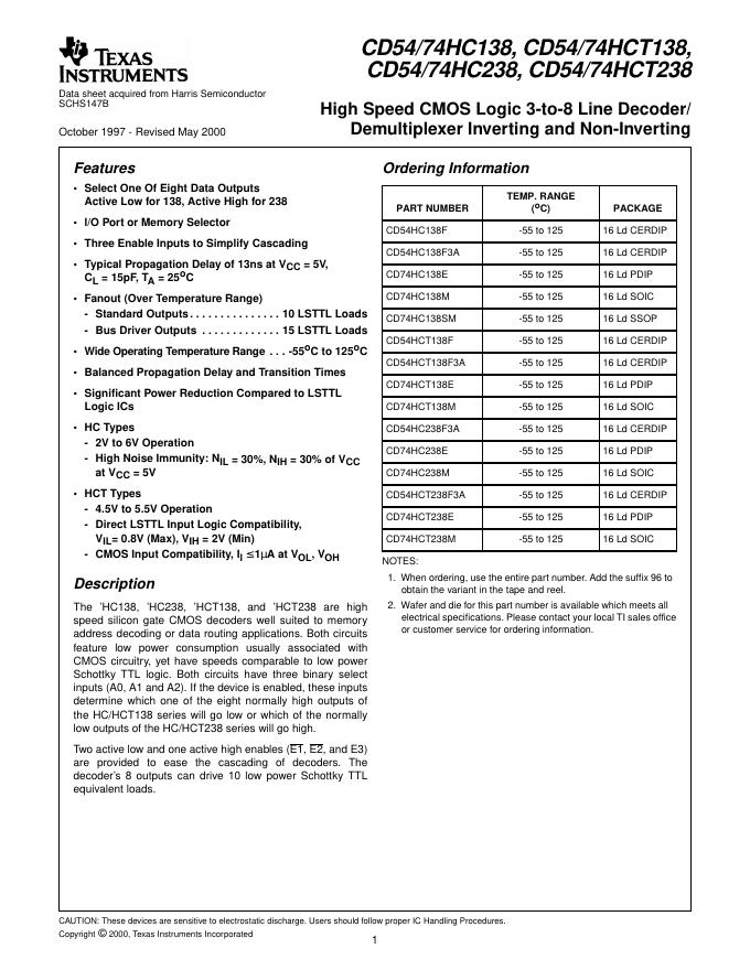 TEXAS INSTRUMENTS  CD54/74HC138, CD54/74HCT138, CD54/74HC238, CD54/74HCT238 说明书