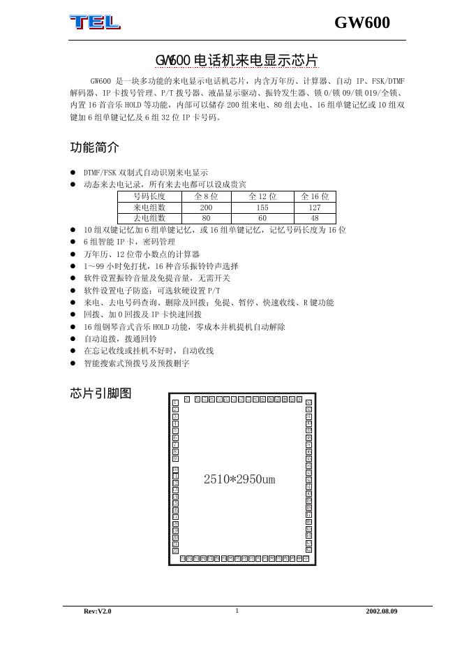GW600 电话机来电显示<em>芯片</em> 说明书 海报