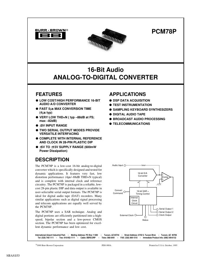PCM78P 16-Bit Audio ANALOG-TO-DIGITAL 说明书