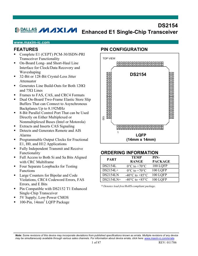 MAXIM DS2154 说明书