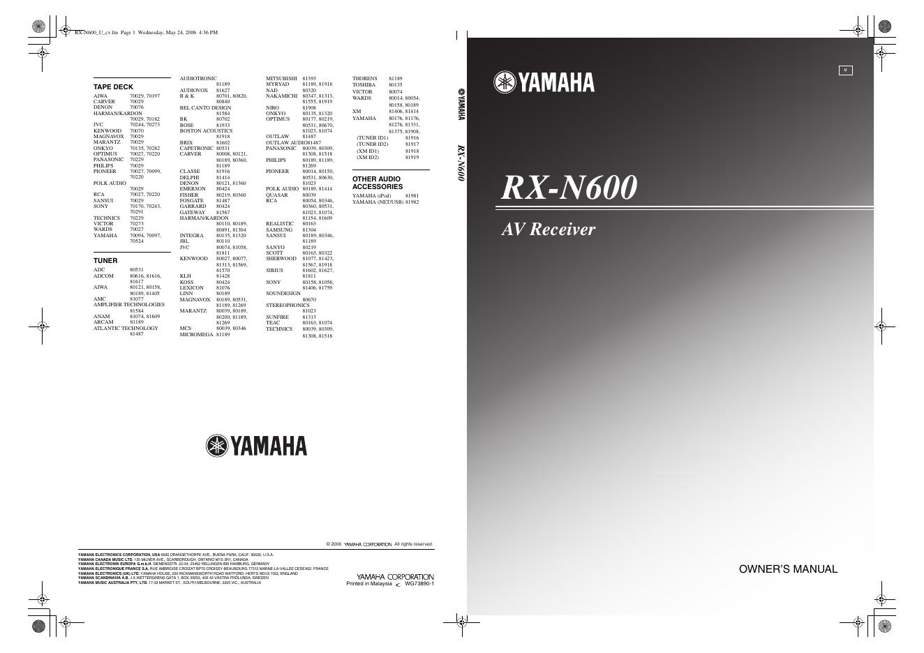 YAMAHA RX-N600 AV Receiver 说明书