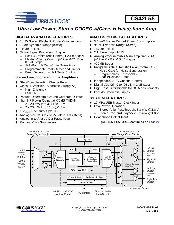 CIRRUS LOGIC CS42L55 Ultra Low Power, Stereo CODEC w/Class H Headphone Amp 说明书
