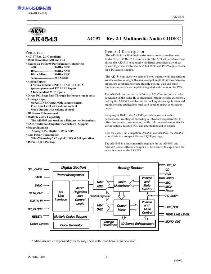 AKM AK4543 AC’97 Rev 2.1 Multimedia Audio CODEC 说明书
