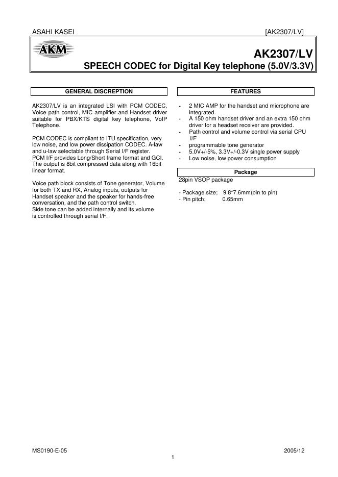 AKM AK2307/LV  SPEECH CODEC for Digital Key telephone (5.0V/3.3V) 说明书
