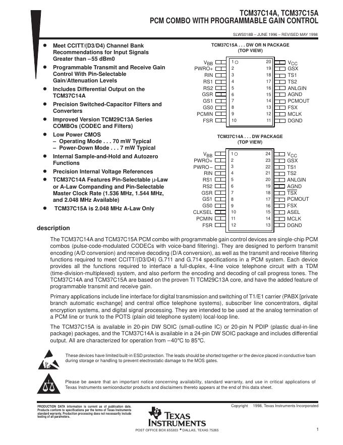 TEXAS INSTRUMENTS TCM37C14A, TCM37C15A PCM COMBO WITH PROGRAMMABLE GAIN CONTROL 说明书