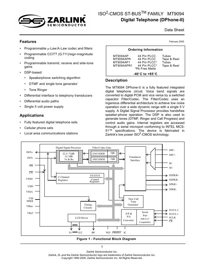 ZARLINK ISO 2 -CMOS ST-BUS TM  FAMILY   MT9094  Digital Telephone (DPhone-II) 说明书