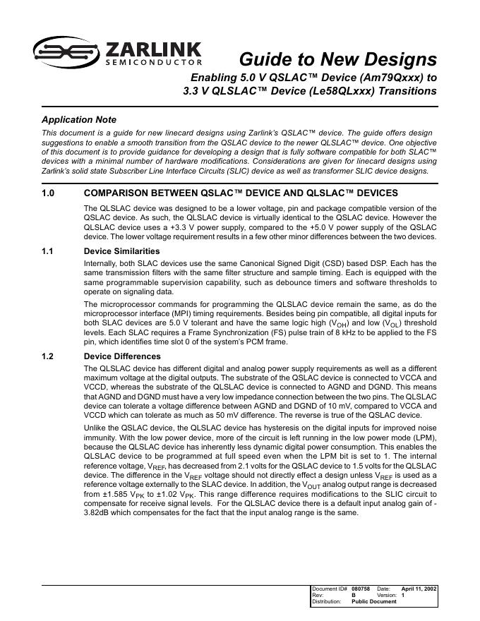 ZARLINK Guide to New Designs Enabling 5.0 V QSLACô Device (Am79Qxxx) to 3.3 V QLSLACô Device (Le58QLxxx) Transitions 说明书