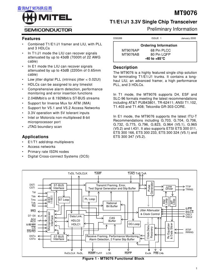 MITEL MT9076 T1/E1/J1 3.3V Single Chip Transceiver Preliminary Information 说明书