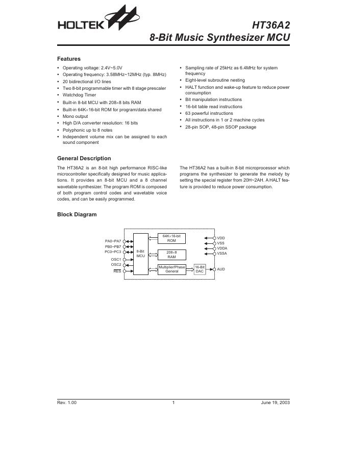 HOLTEK HT36A2 8-Bit Music Synthesizer MCU 说明书