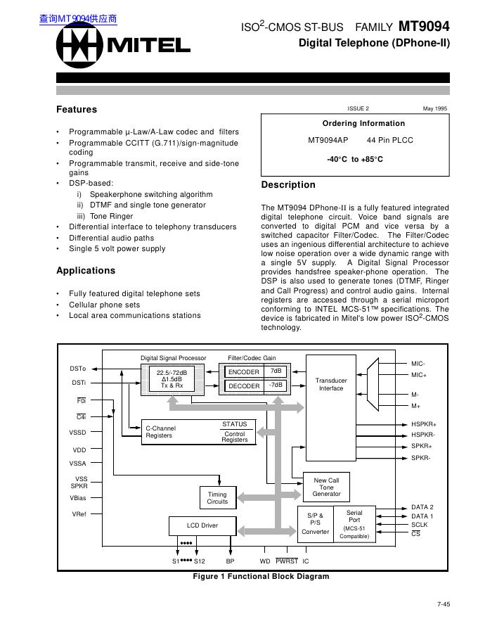 ISO 2 -CMOS ST-BUS FAMILY MT9094 Digital Telephone (DPhone-II) 说明书