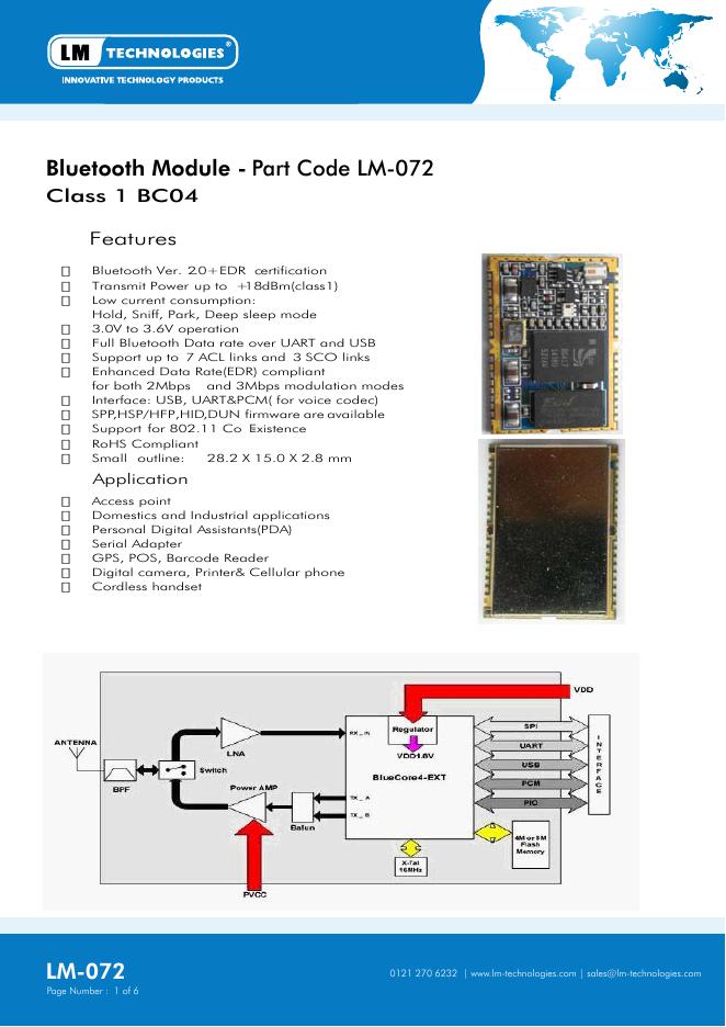 Bluetooth Module   Part Code LM-072 说明书
