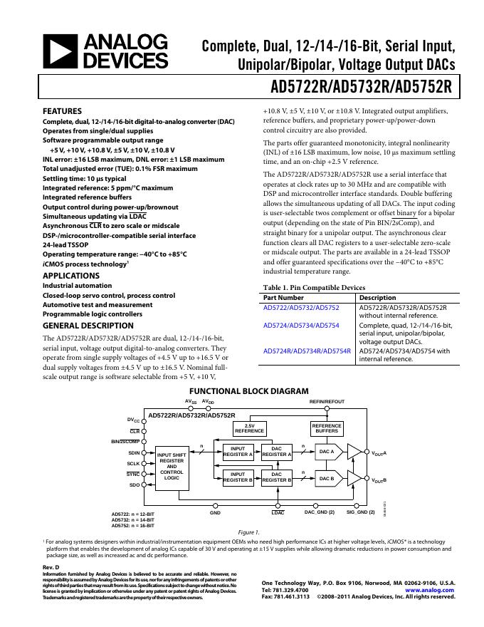 ANALOG DEVICES AD5722R/AD5732R/AD5752 Complete, Dual, 12-/14-/16-Bit, Serial Input,  Unipolar/Bipolar, Voltage Output DACs 说明书