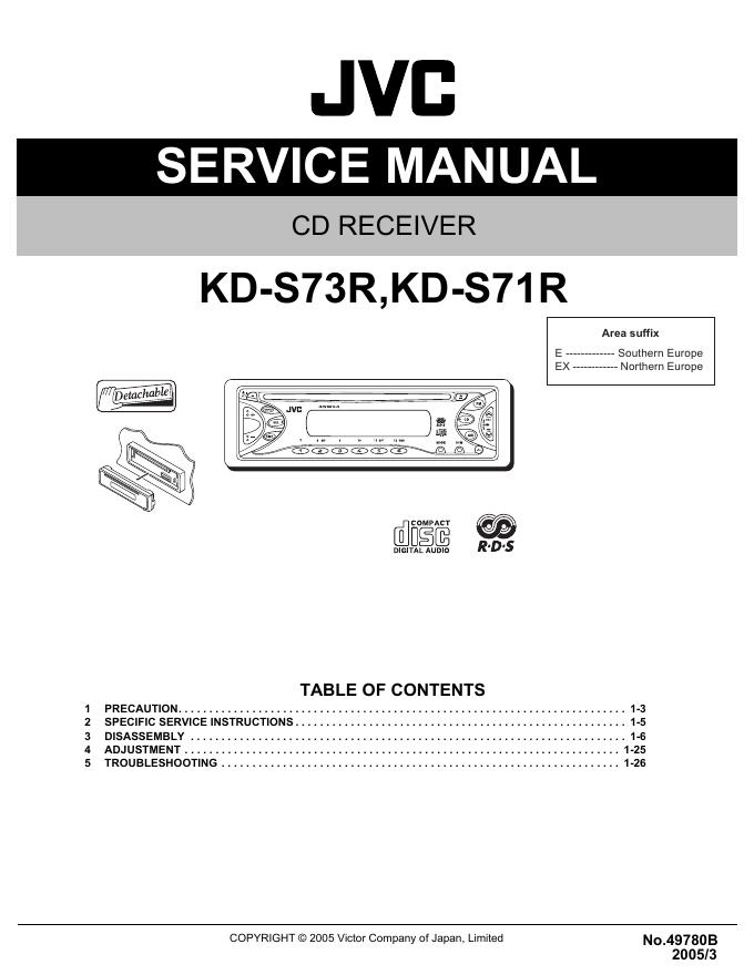 JVC  KD-S73R,KD-S71 SERVICE MANUAL COPYRIGHT © 2005 Victor Company of Japan, Limited No.49780B 2005/3 CD RECEIVER 说明书