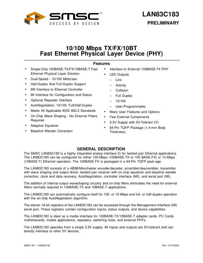 SMSC LAN83C183 PRELIMINARY 说明书