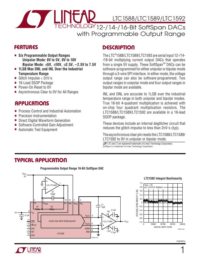 LINEAR LTC1588/LTC1589/LTC1592  12-/14-/16-Bit SoftSpan DACs with Programmable Output Rang 说明书