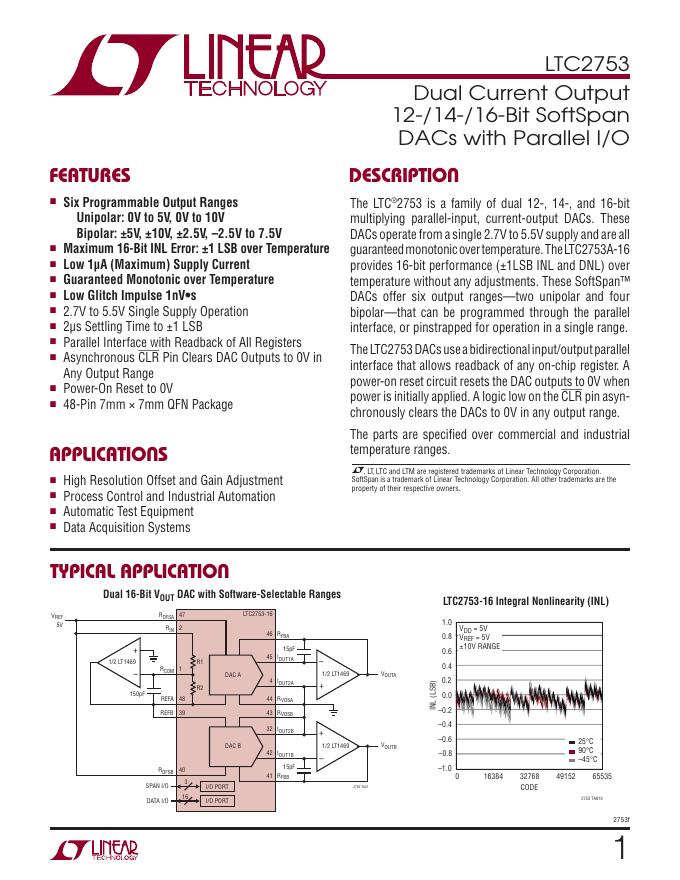 LINEAR LTC2753 Dual Current Output  12-/14-/16-Bit SoftSpan  DACs with Parallel I/O 说明书
