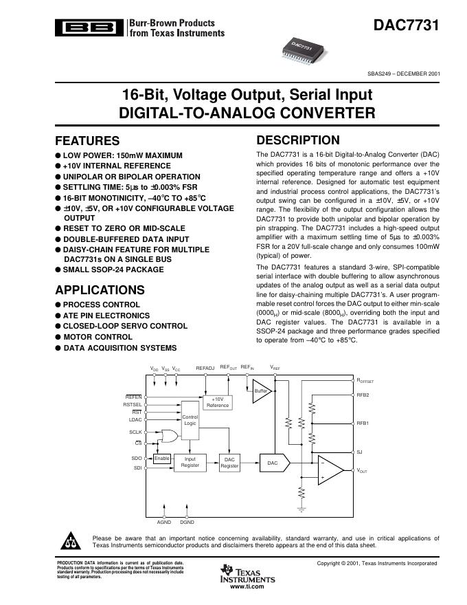 BB DAC7731 16-Bit, Voltage Output, Serial Input DIGITAL-TO-ANALOG CONVERTER 说明书