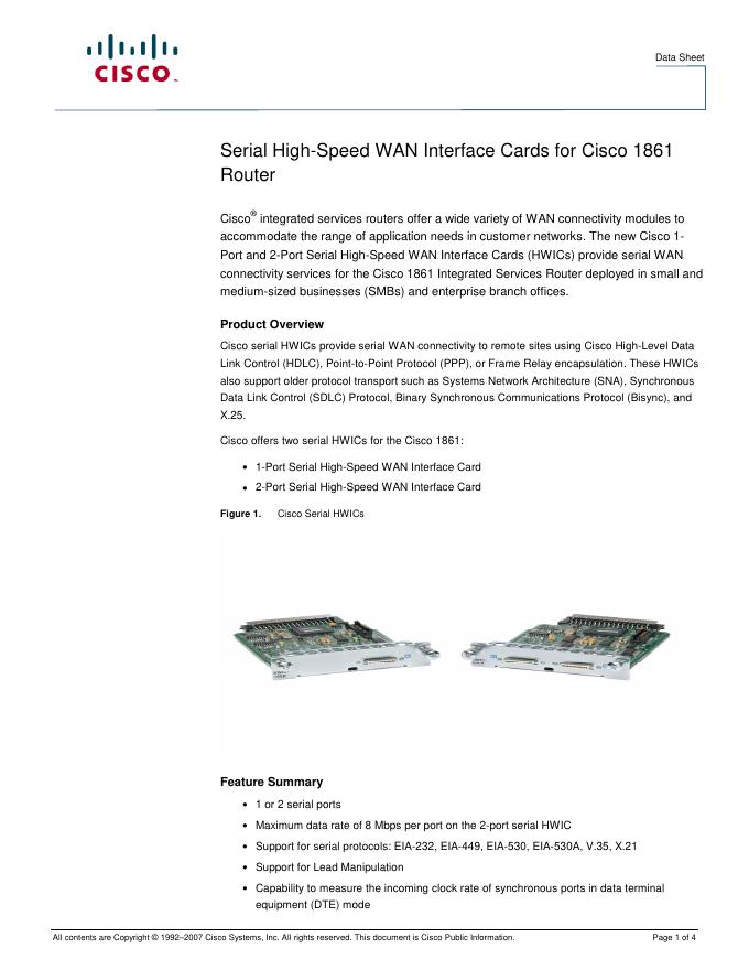 cisco  Serial High-Speed WAN Interface Cards for Cisco 1861  Route 说明书