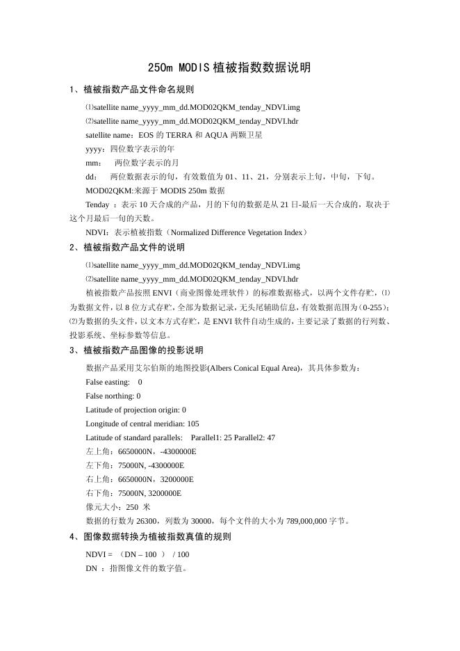 250m MODIS 植被指数数据说明