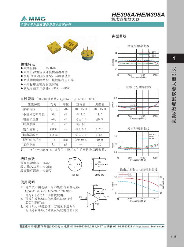中国电子科技集团公司 HE395A/HEM395A集成宽带放大器 说明书