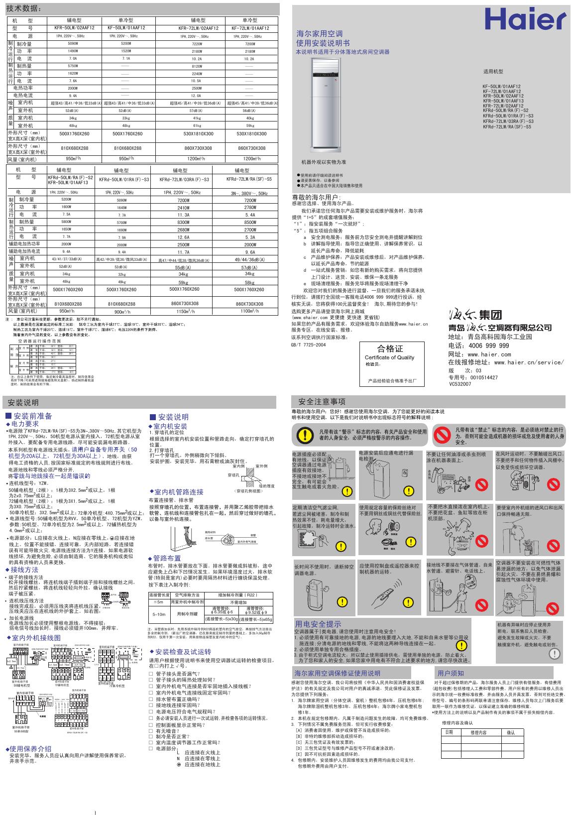 海尔家用空调 KF-50LW/01AAF12 KFR-72LW/02AAF12 系列 使用安装说明书