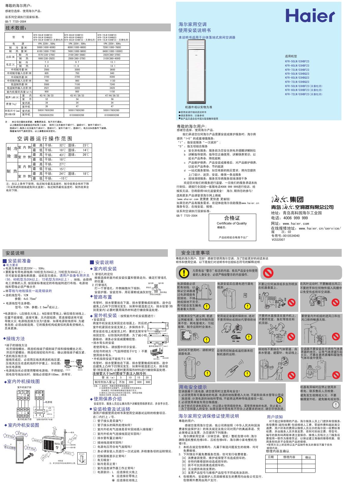 海尔家用空调 KFR -50LW/03HBF23 KFR-60LW/03HBF23 系列使用安装说明书