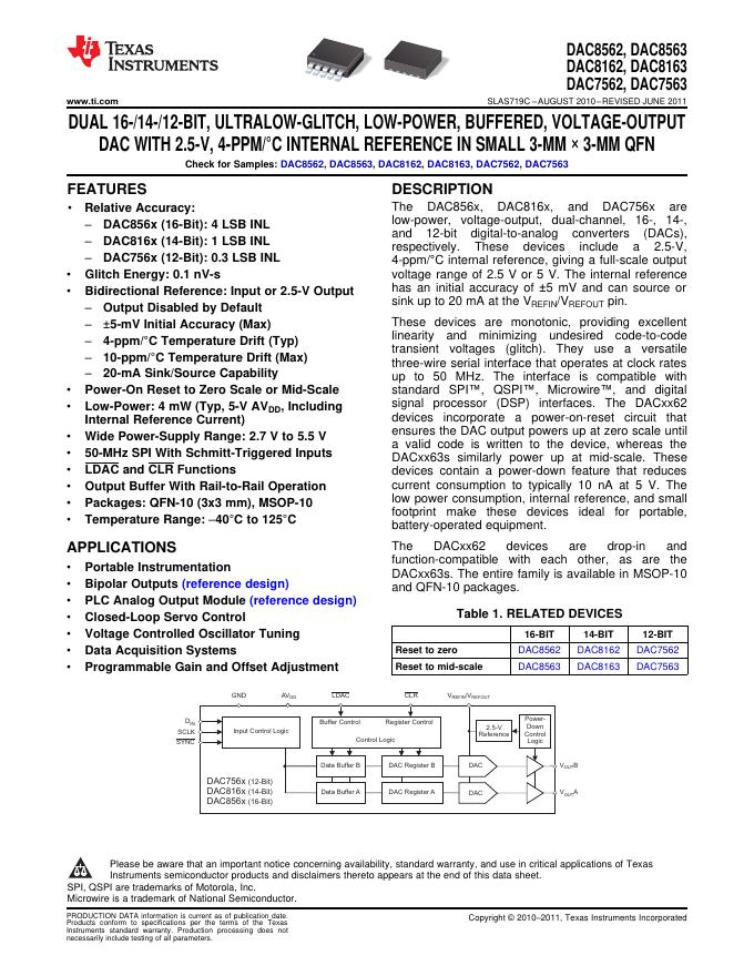 Texas Instruments DAC8562, DAC8563 DAC8162, DAC8163 DAC7562, DAC7563 说明书