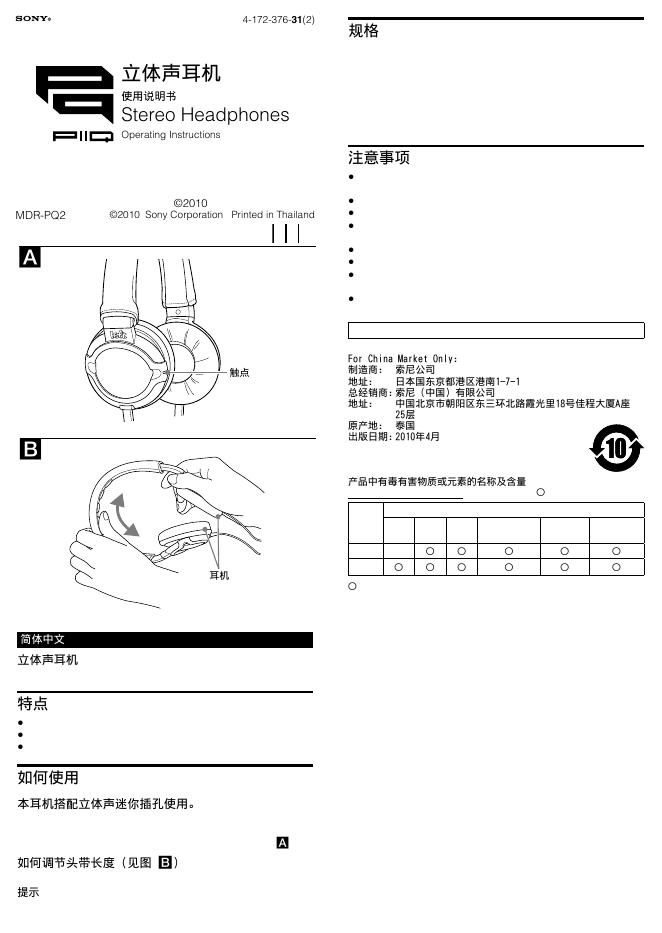 立体声耳机 MDR-PQ2 使用说明书