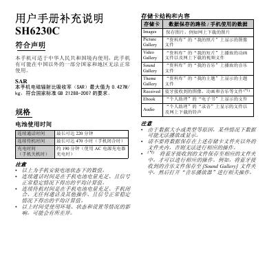 夏普 SH6230C手机 用户手册补充说明