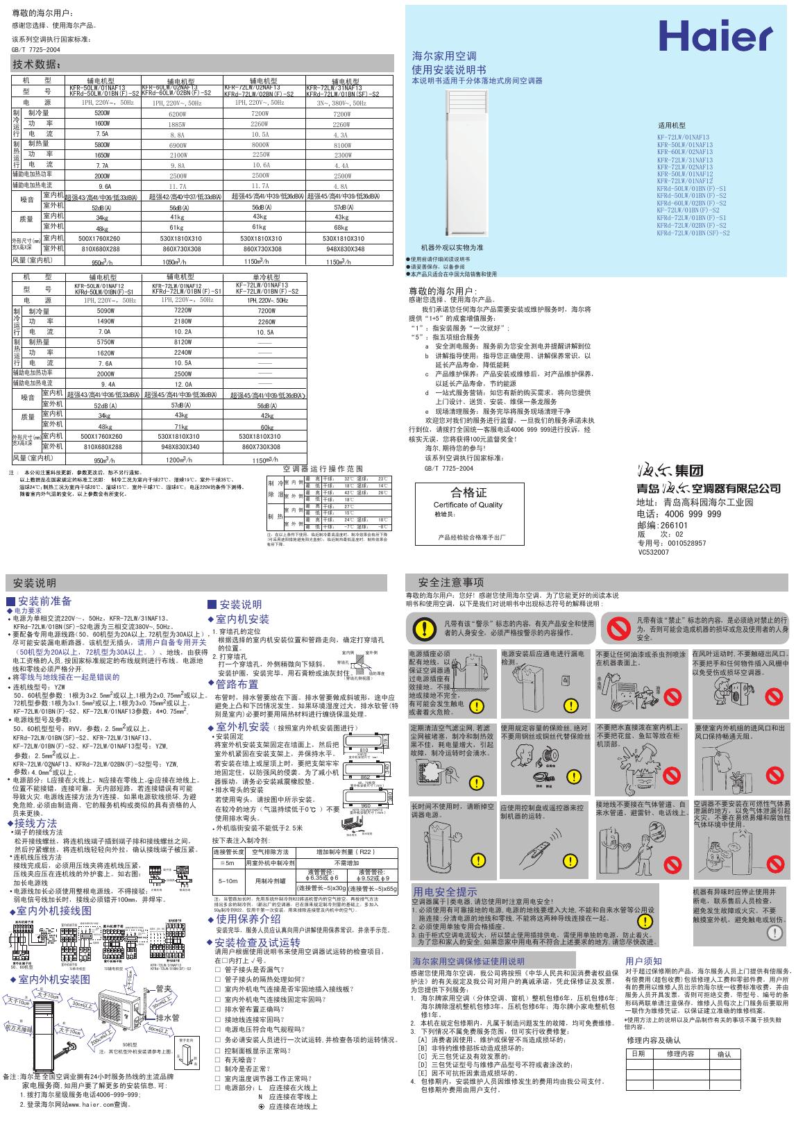 海尔家用空调KFR-50LW/01NAF13 使用安装说明书