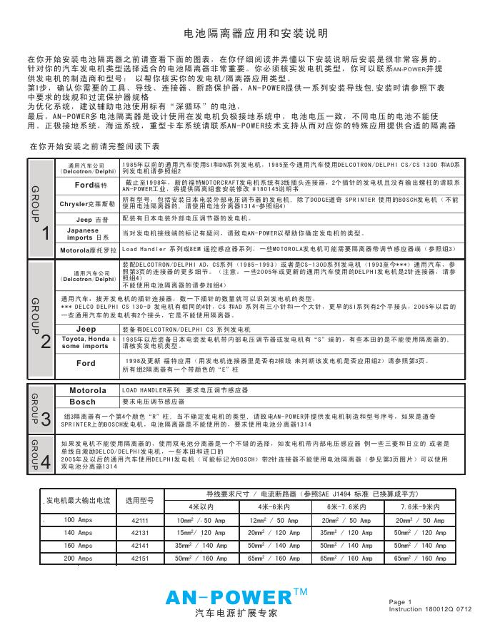电池隔离器 应用和安装说明