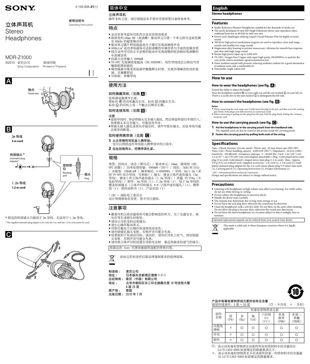 SONY 立体声耳机 MDR-Z1000 使用说明书