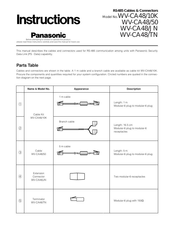 松下 RS485 Cables & Connectors Model No.WV-CA48/10K WV-CA48/50 WV-CA48/JN WV-CA48/TN 说明书