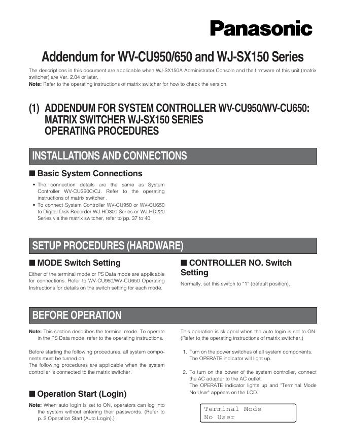 松下 Addendum for WV-CU950/650 and WJ-SX150 Series 说明书