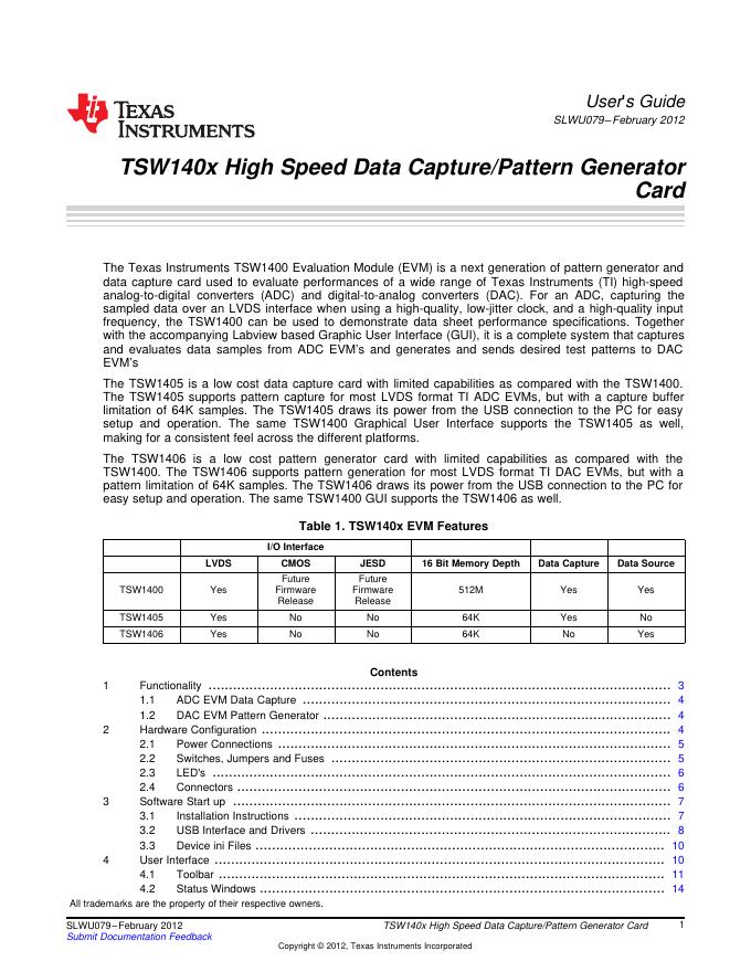 TEXAS INSTRUMENTS TSW1400 High Speed Data Capture/Pattern Generator Card 说明书
