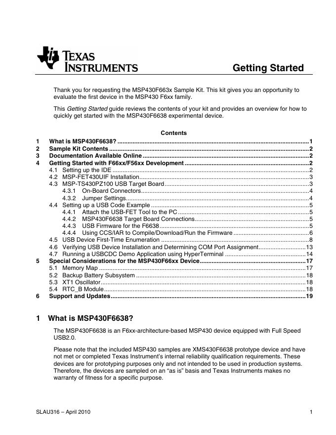 TEXAS INSTRUMENTS Getting Started With the MSP430F663x Sample Kit 说明书