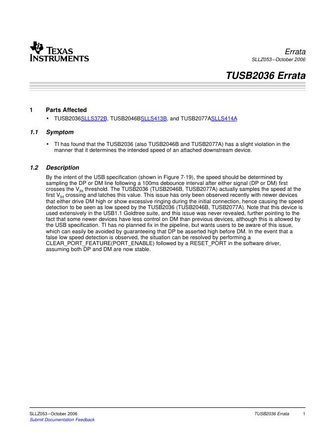 TEXAS INSTRUMENTS Errata SLLZ053–October 2006 TUSB2036 Errata 说明书
