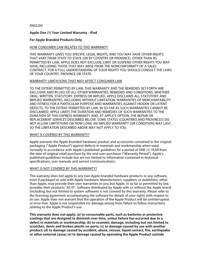 Apple One (1) Year Limited Warranty - iPod For Apple Branded Products Only 说明书