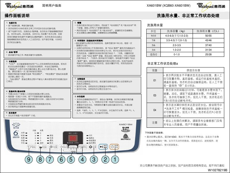 惠而浦 XA601BW洗衣机 说明书
