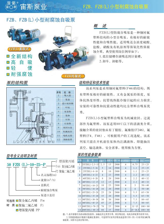宙斯泵业 FZB(L) 小型耐腐蚀自吸泵 说明书