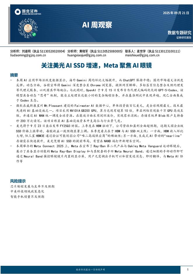 国金证券：AI周观察：关注美光AISSD增速，Meta聚焦AI眼镜海报